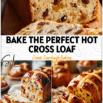 Slices of hot cross bun loaf with golden crust and fruit pieces displayed beside a bread maker